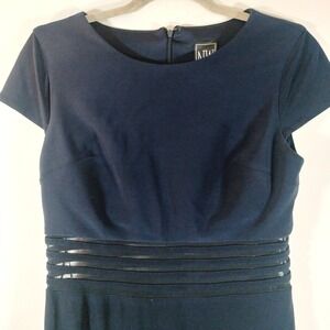 Nightway Navy Blue Mesh Waist Cutout Cap Sleeve Maxi Formal Dress